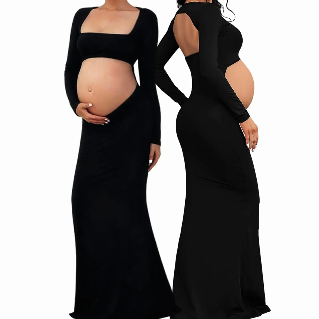 Abito di Premaman per la Fotografia Vestito di maternità Shooting Foto Vestito Maxi Hollow Maniche Lunghe Eleganti Abito Senza Schienale Abiti Lungo Gravidanza per Photoshoot