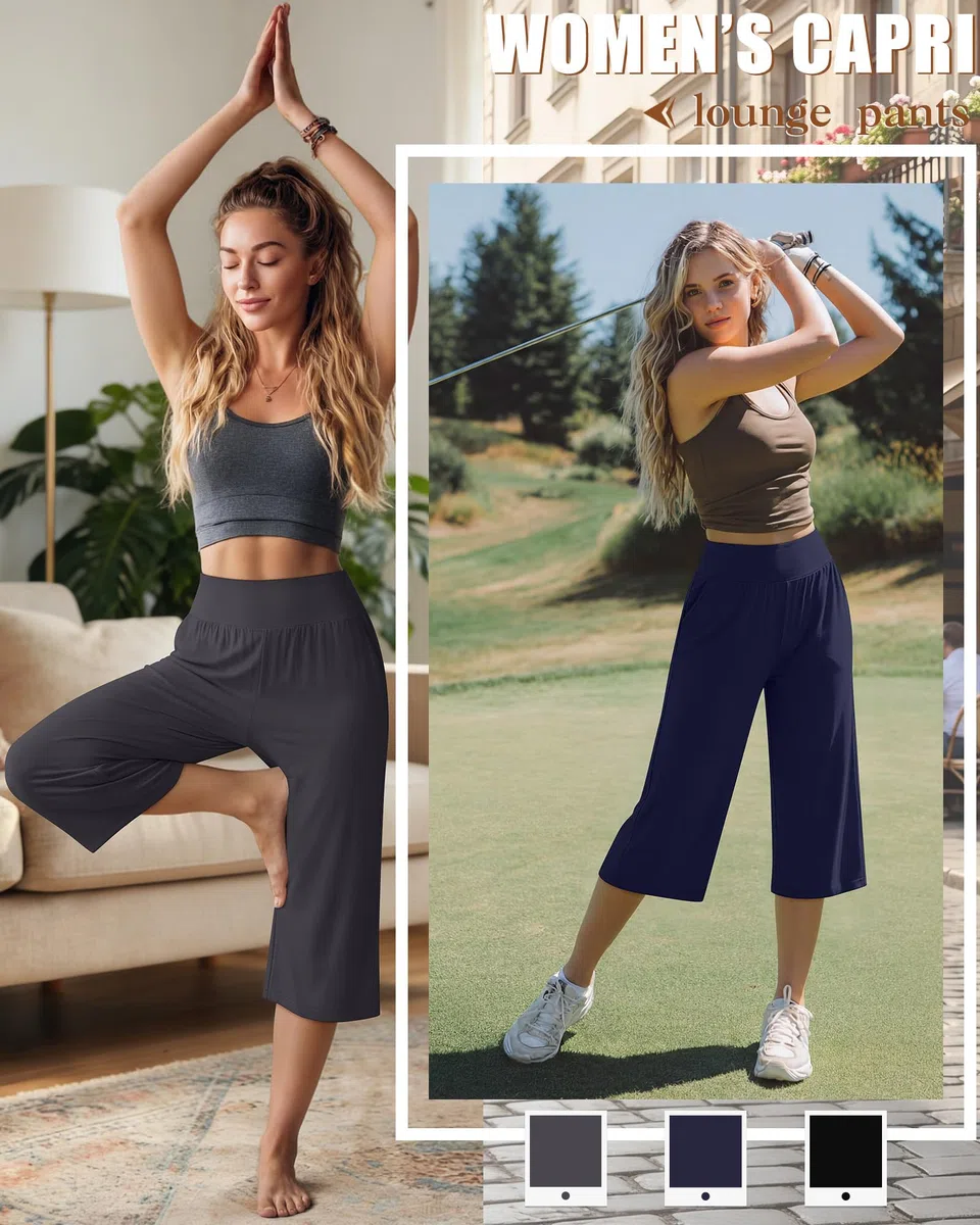 Neer Confezione da 3 pantaloni Capri da donna, a gamba larga, a vita alta, pantaloni della tuta estivi casual da allenamento con tasca