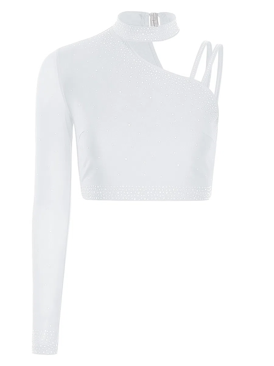CHICTRY Set da Ballo Latino Americano Donna Monospalla Maglietta Danza Classica Moterna Crop Top + Pantaloni Chiffon Abito da Jazz Hip Hop Competizione