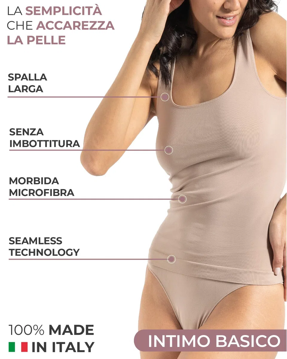 Risalti Canotta Donna Microfibra Spalla Larga 3 pz - Canottiera Donna Elegante Elasticizzata, Top Intimo Senza Cuciture ed Etichette più Morbido delle Canottiere Cotone, Caraco - Made in Italy
