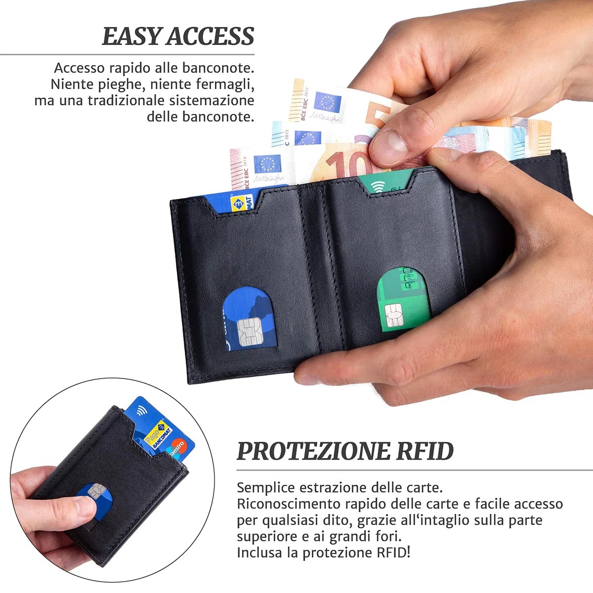 Portafoglio uomo slim con portamonete, scomparto banconote tradizionale e porta carte credito schermato - Portafogli in pelle vera | Smart wallet piccolo e sottile | Portacarte RFID