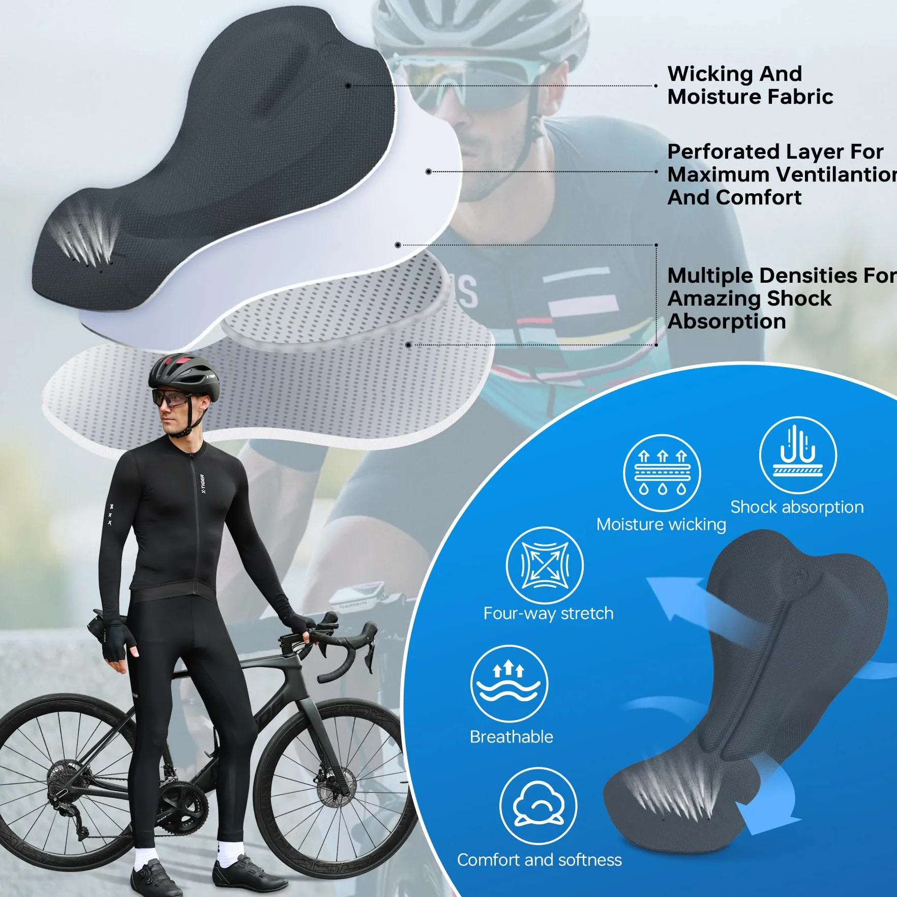 X-TIGER Pantaloni Lunghi Ciclismo Uomo con Imbottito Compression Mutande MTB Pantaloni Traspirante Asciugatura Rapida con 3 Tasche