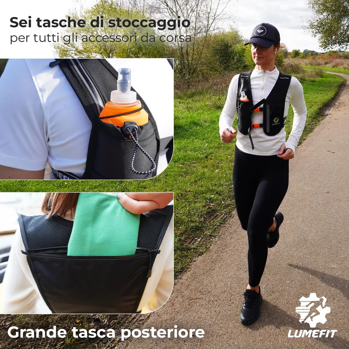 LUMEFIT Gilet Running Riflettente con Bottiglia d'Acqua 500 ml, Gilet da Corsa Traspirante Uomo Donna, Tasche Multiple e Cintura Regolabile, Running Vest per Ciclismo, Escursionismo, Trekking, Trail