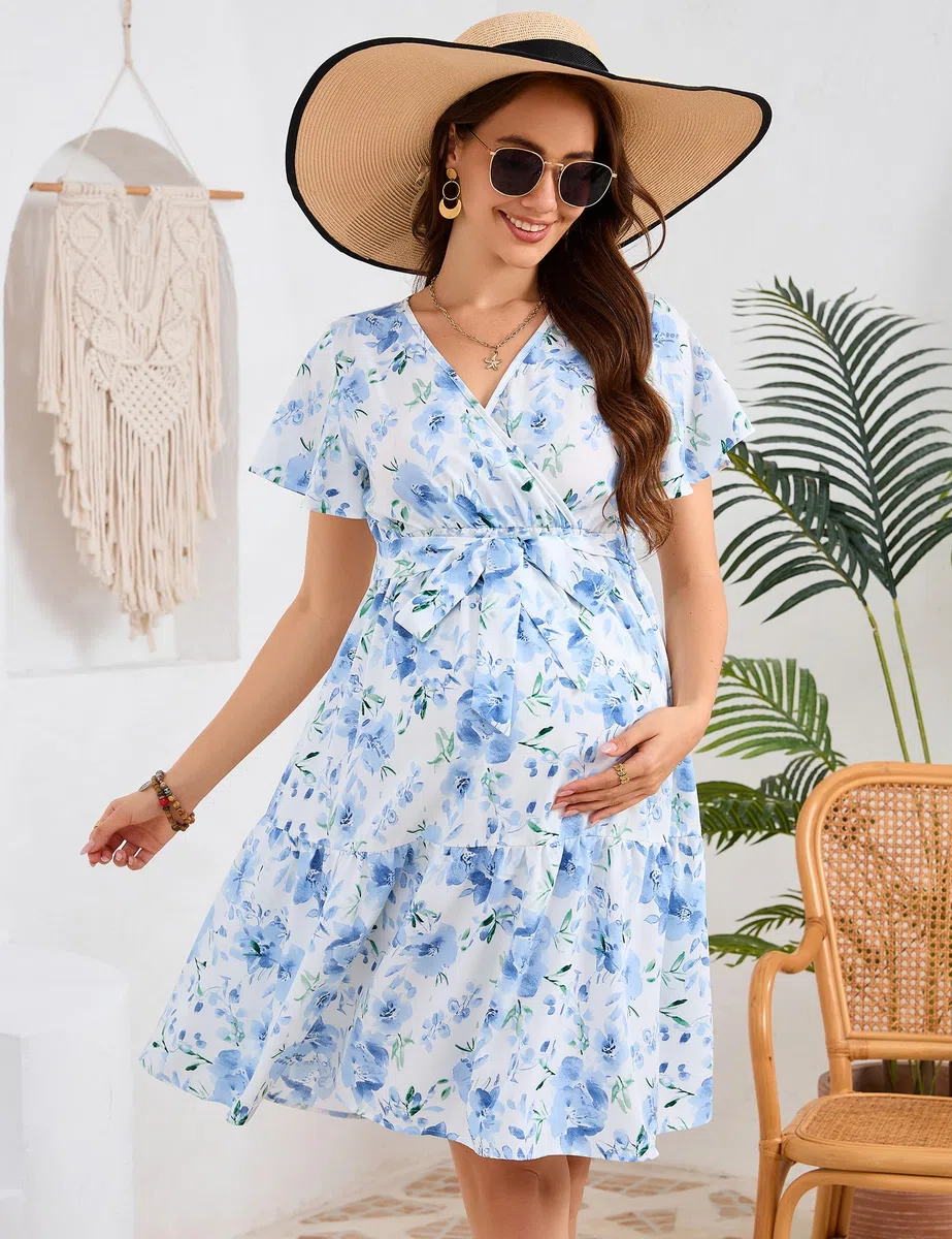 Yesfashion Abito premaman estivo da donna, con scollo a V, a maniche corte, elegante, per gravidanza, con cintura (confezione multipla)
