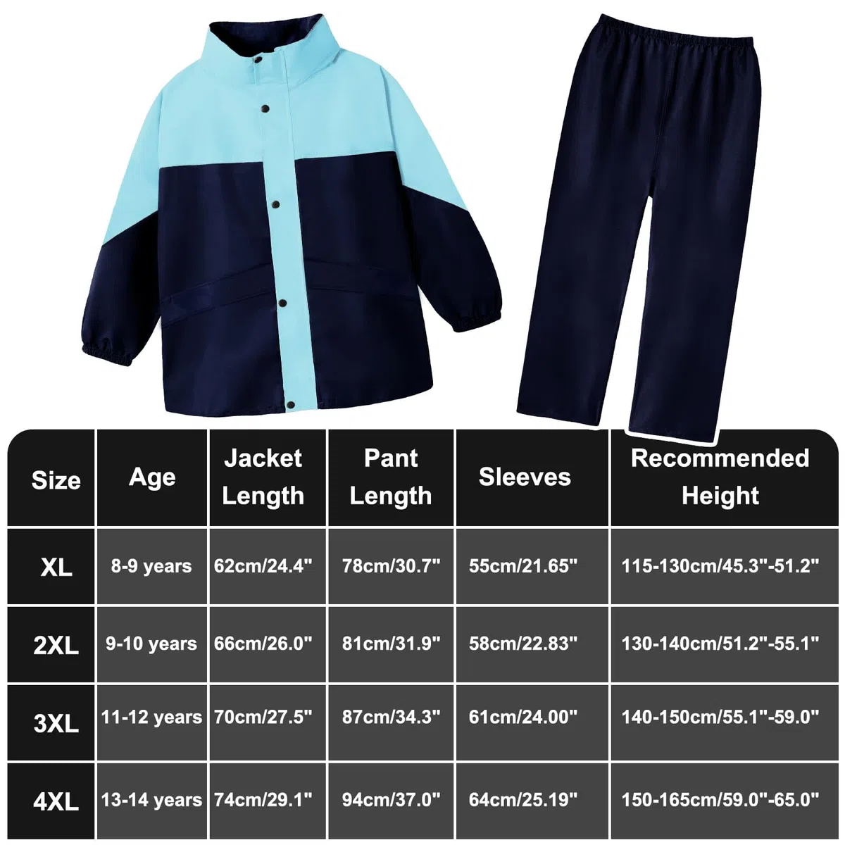 JinBei Tuta Impermeabile Ragazze Ragazzi, Leggero Tuta Pioggia con Cappuccio Bambina Pantaloni e Giacca Antipioggia Impermeabili Completo con Strisce Riflettenti per Scuola Camping 8-14 Anni
