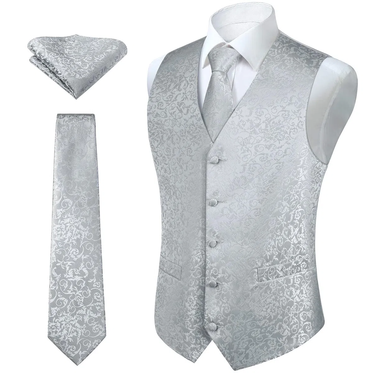 HISDERN Set di gilet e cravatta jacquard floreali classici da uomo in paisley floreale e tasca quadrata