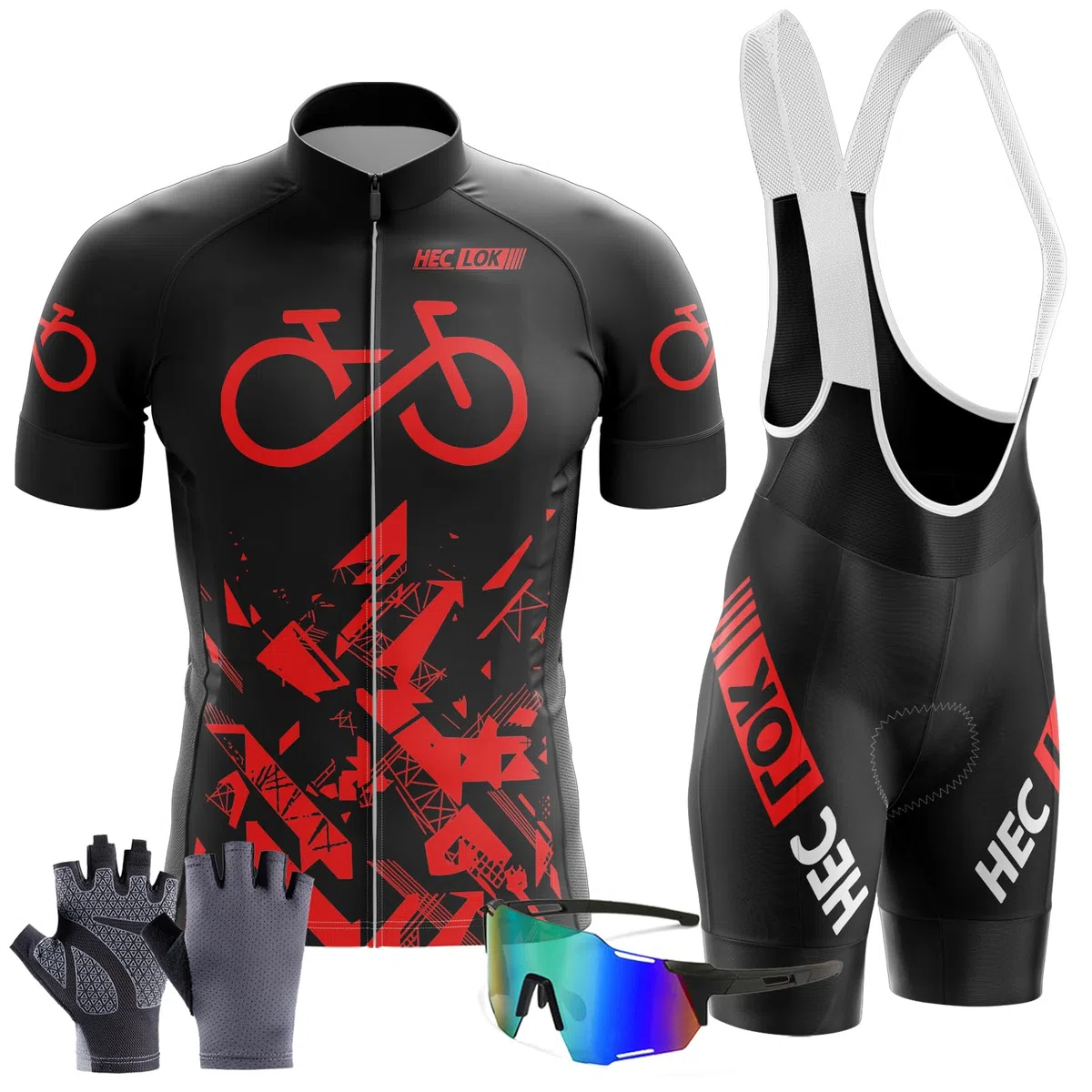 Abbigliamento Ciclismo Set Manica Corta Tuta Ciclismo Uomo Tuta da Bicicletta MTB Estiva +Pantaloncini Cuscino Gel 9D＋Guanti da Ciclismo, Occhiali da Ciclismo