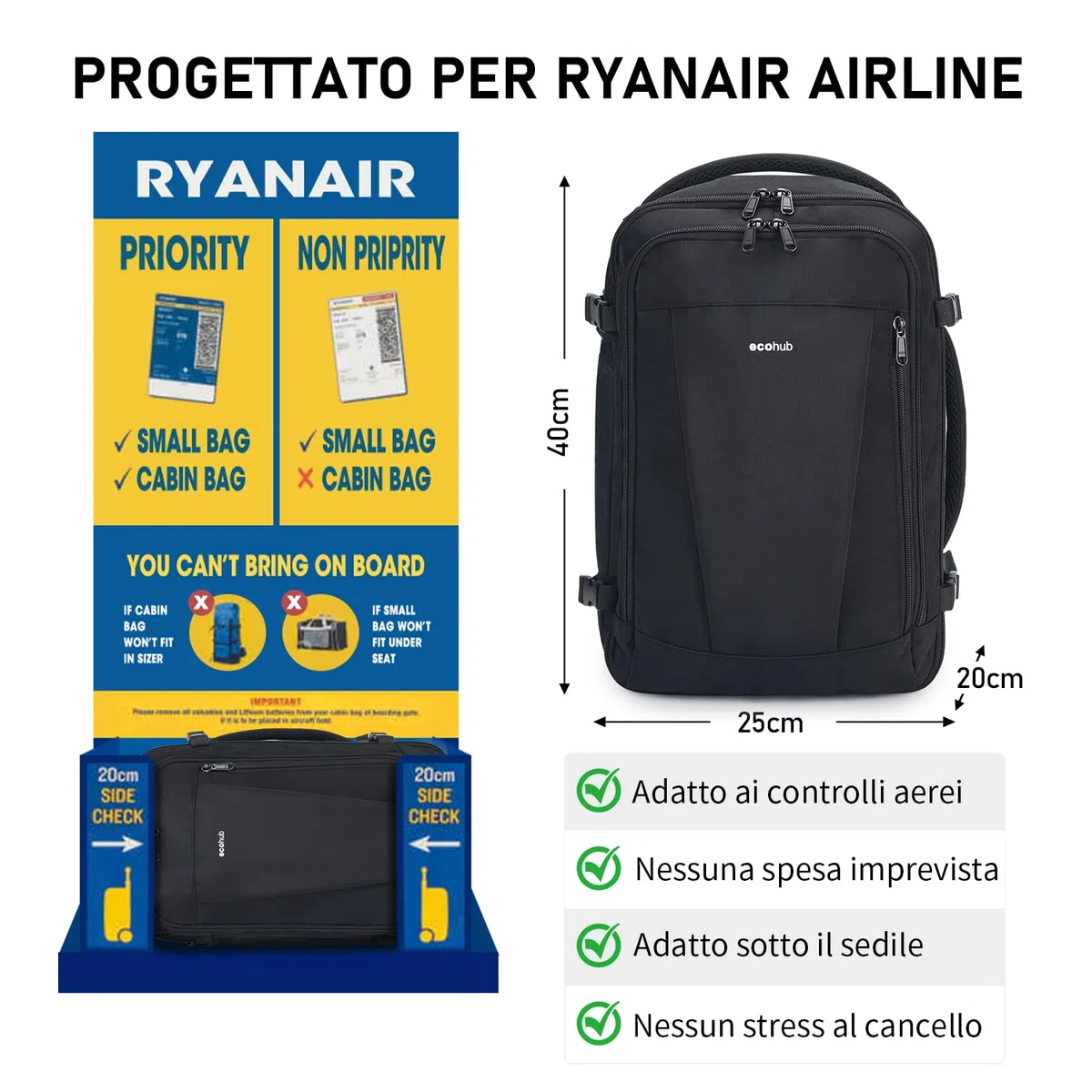 ECOHUB Zaino Ryanair 40x20x25 Zaino da Viaggio 13 Tasche Bagaglio a Mano Zaino Valigia Sotto il Sedile Maniglia Borsa Ryanair Aereo Ecologica in PET Riciclato da 20 Litri, Brevettato(Nero)