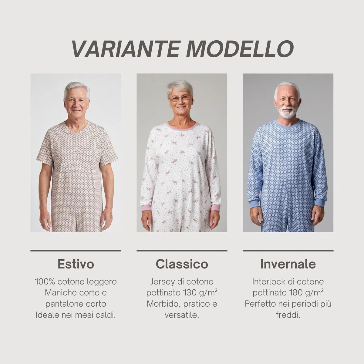 Pigiama Intero Donna Uomo Estivo Fresco manica corta Sanitario per Anziani con Cerniera Posteriore Intero in Cotone 100%