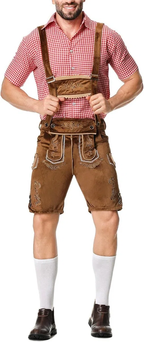Lederhosen - Set costume da uomo per Oktoberfest, completo camicia tradizionale a quadri, salopette bavarese