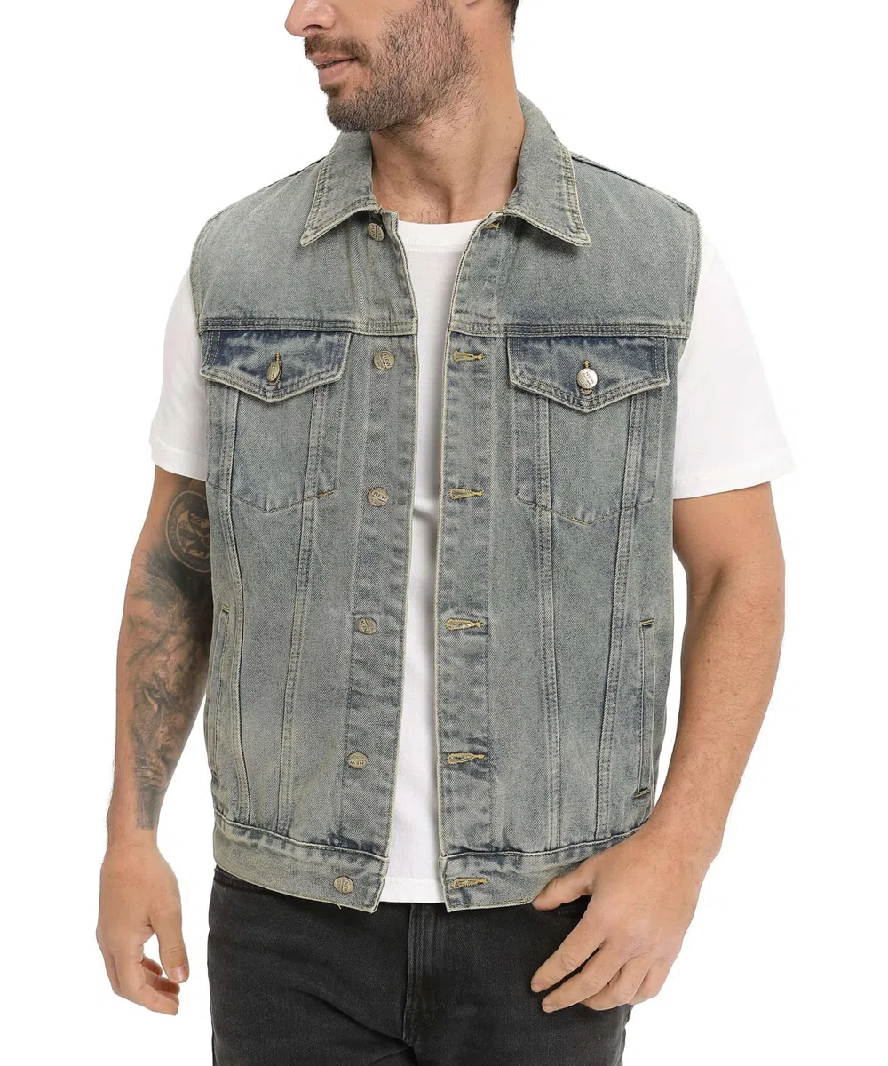 Uomo Retro Vintage Denim Gilet Cotone Jeans Capispalla Smanicato di Jeans da Moto Casual Cowboy Gilet Multi Tasca Punk Gilets