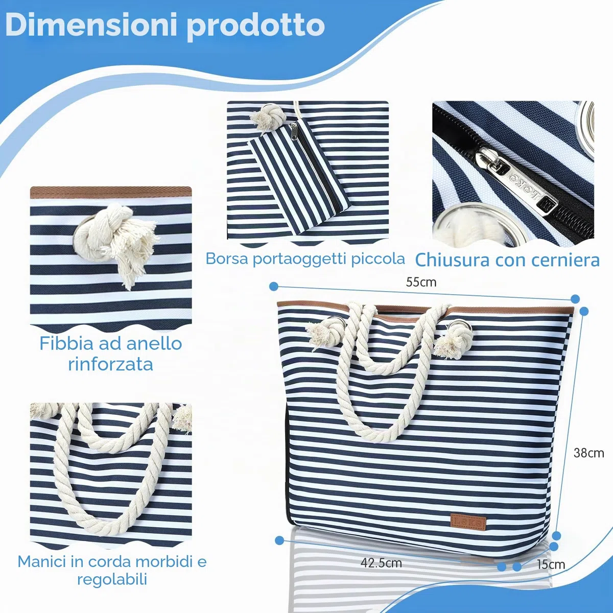 Borsa Mare Donna 40L,Borsa Spiaggia Grande XXL Famiglia con Scomparto Scarpe Separato,Multifunzionale Borsa Spalla Shopper Bag Donna con Cerniera,per Shopping Viaggio Sportiva,Strisce