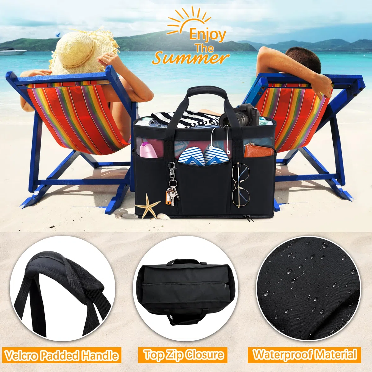 Grande Borsa da Spiaggia 45L Borsa Mare Donna Famiglia con Chiusura Zip 50x35x20cm XXL Shopper Weekender Borsone Tote Bag per Shopping Viaggio Picnic