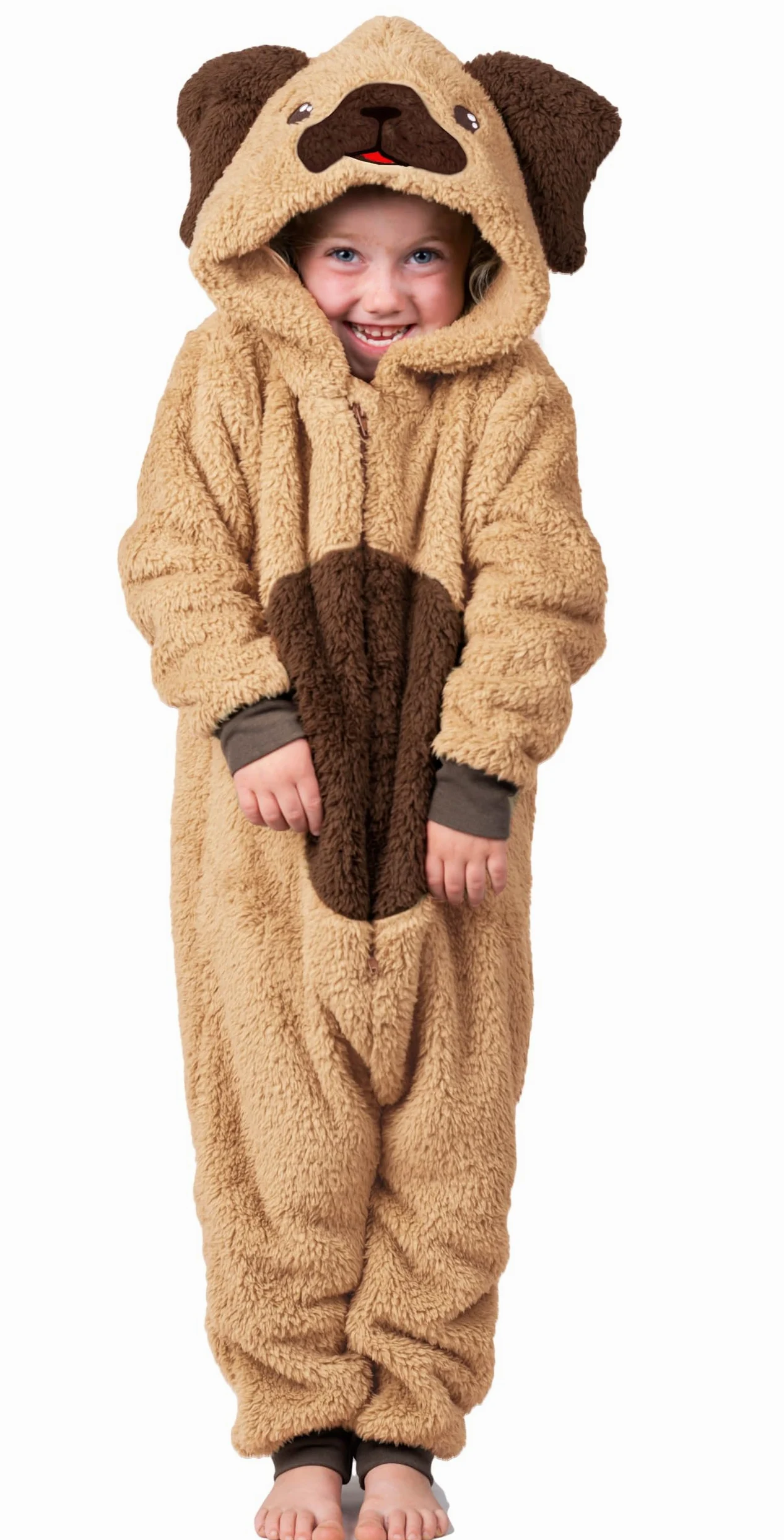 Tutina intera per bambini e bambine in morbido pile con coda, taglie da 2 a 13 anni, colore nero, bianco o beige
