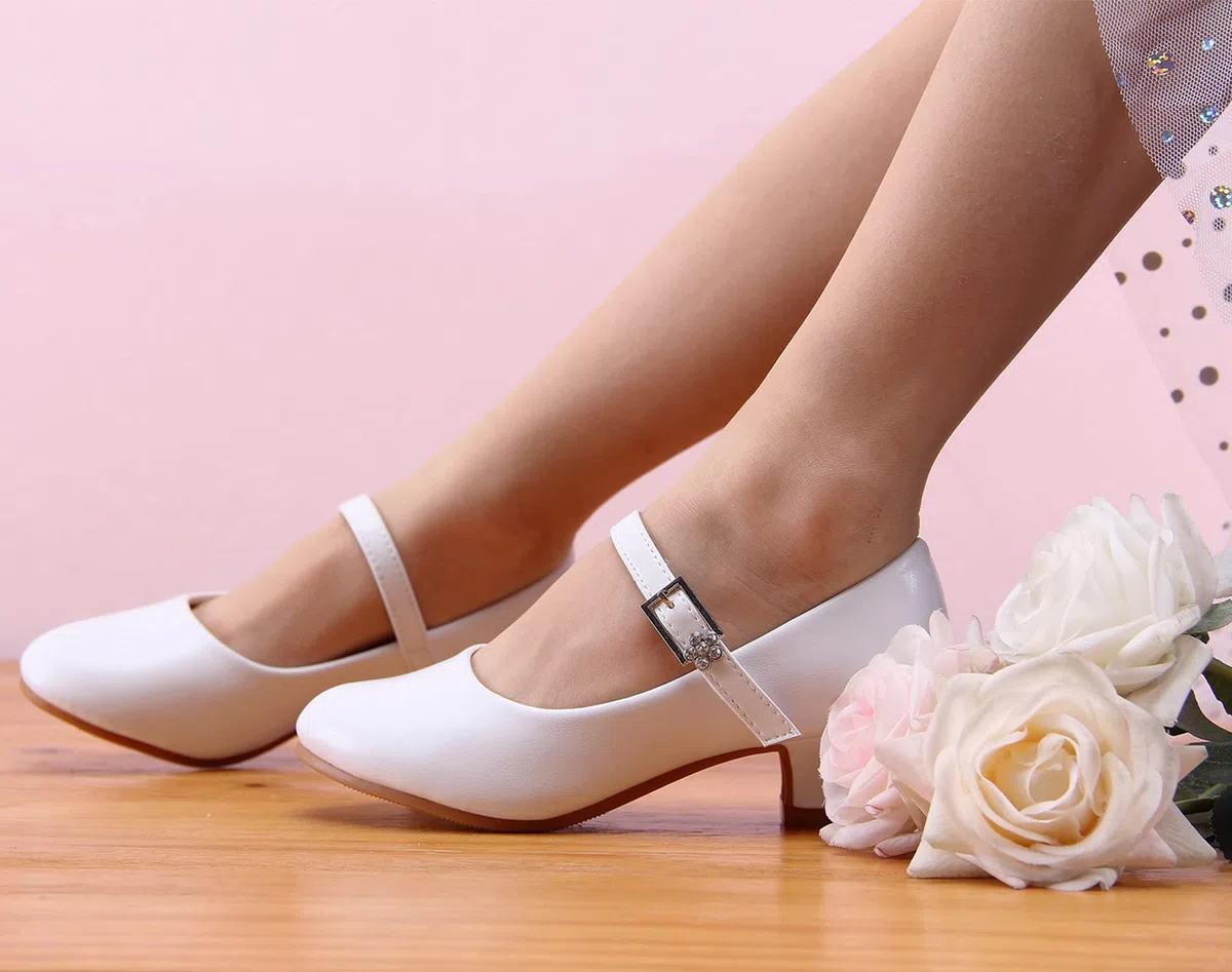 EIGHT KM Scarpe con Tacco Principessa Eleganti Lucente Comunione Cerimonia Ballerine Bambina Tacchi Ragazza EKM7015 Pelle Microfibra Athena Bianco