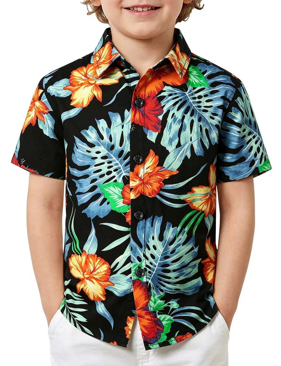 JOGAL Camicia hawaiana a maniche corte con bottoni casual floreale da ragazzo grande