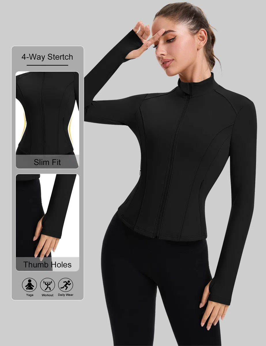 IECCP Camicie da palestra da donna Giacche sportive da corsa a maniche lunghe per allenamento fitness traspirante Activewear t-shirt leggera traspirante top da yoga con foro per il pollice e tasche