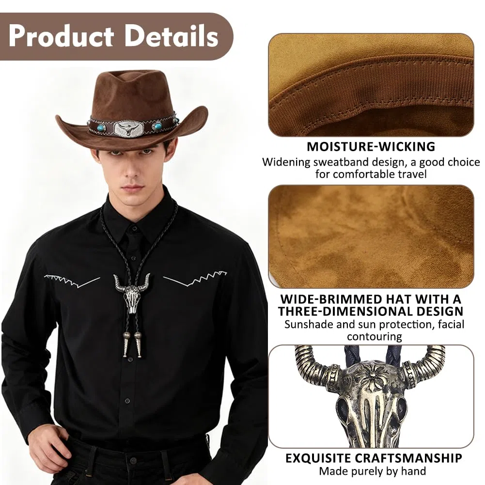 Cappello da Cowboy Western con dettagli turchesi e testa di toro, cravatta in pelle e fascia per cappello inclusi, accessorio per Carnevale, Halloween e feste a tema Western, regalo