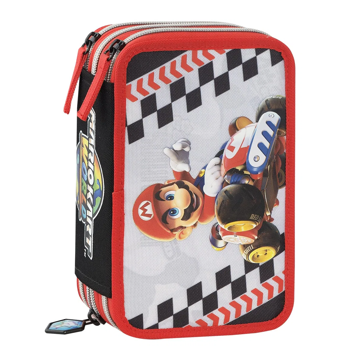 MARIO KART - Astuccio Scuola Ufficiale Mario Kart, Astuccio 3 Scomparti con Set Cancelleria Incluso, Penna Cancellabile Blu, 5 Etichette Adesive, Pratica Chiusura a Zip, 20x13Hx7 cm