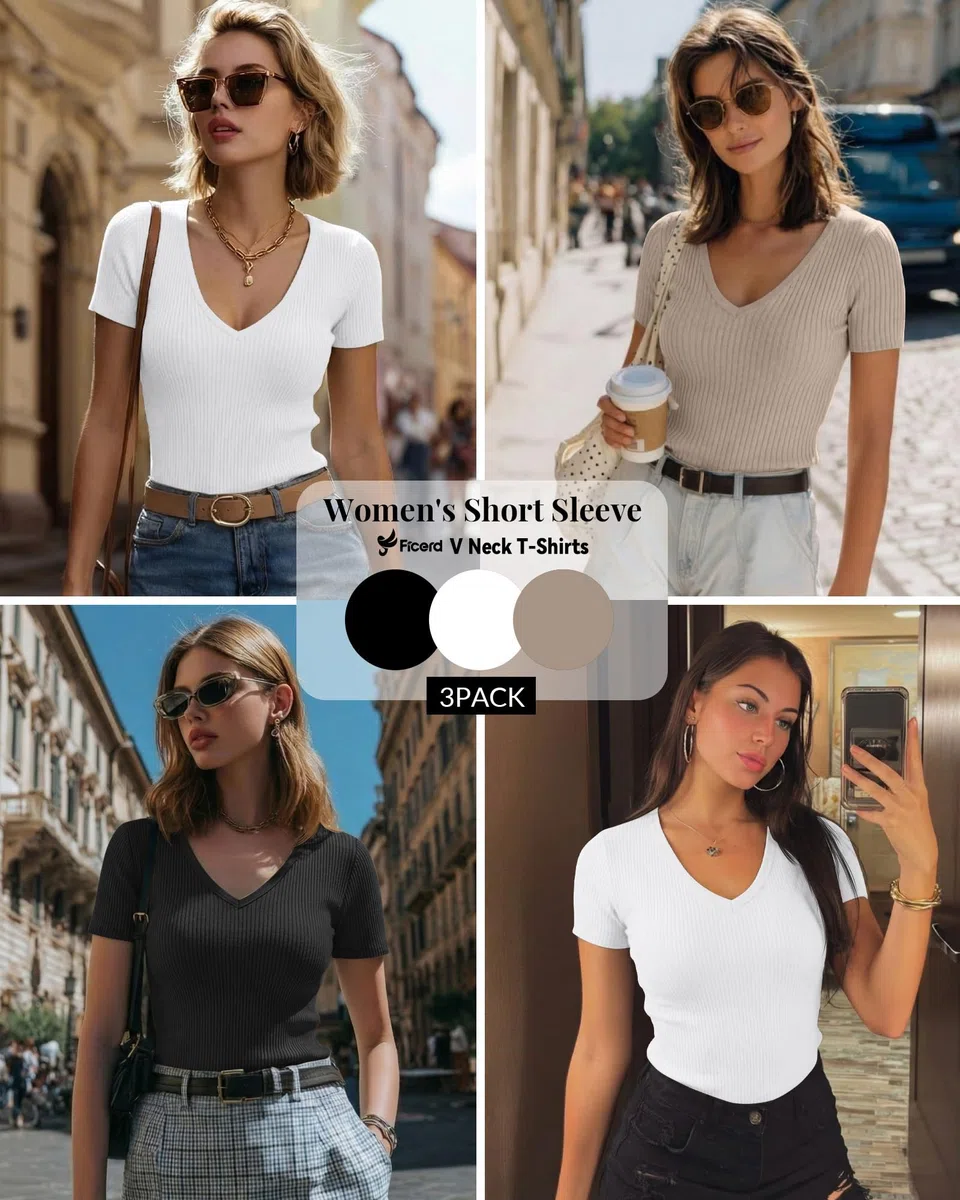 Ficerd Confezione da 3 T-Shirt da Donna in Cotone a Maniche Corte con Scollo a V e vestibilità Slim a Coste Maglietta Estiva