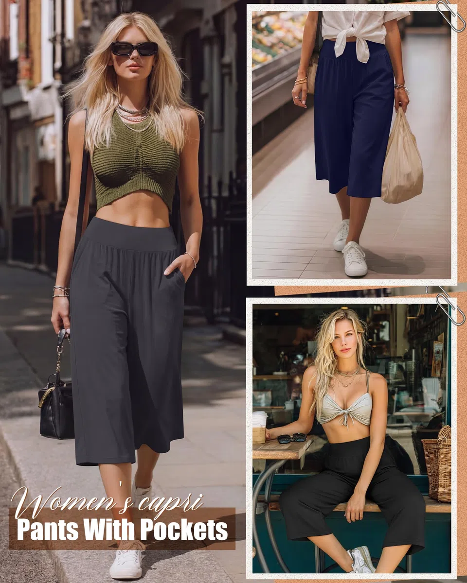 Neer Confezione da 3 pantaloni Capri da donna, a gamba larga, a vita alta, pantaloni della tuta estivi casual da allenamento con tasca