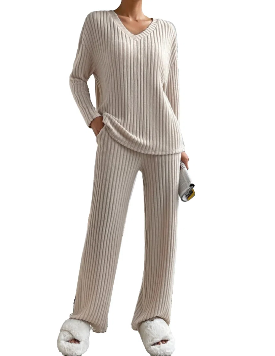 Donna Completo Tuta 2 Pezzi Completo a Maniche Lunghe Maglia Comode Pantaloni Dritti con Scollo a V Tuta Autunno Inverno
