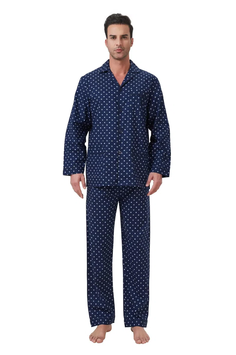 Amaxer Classico Pigiama da Uomo in Due Pezzi,in Cotone,da Notte,a Maniche Lunghe,con Tasche,con Coulisse