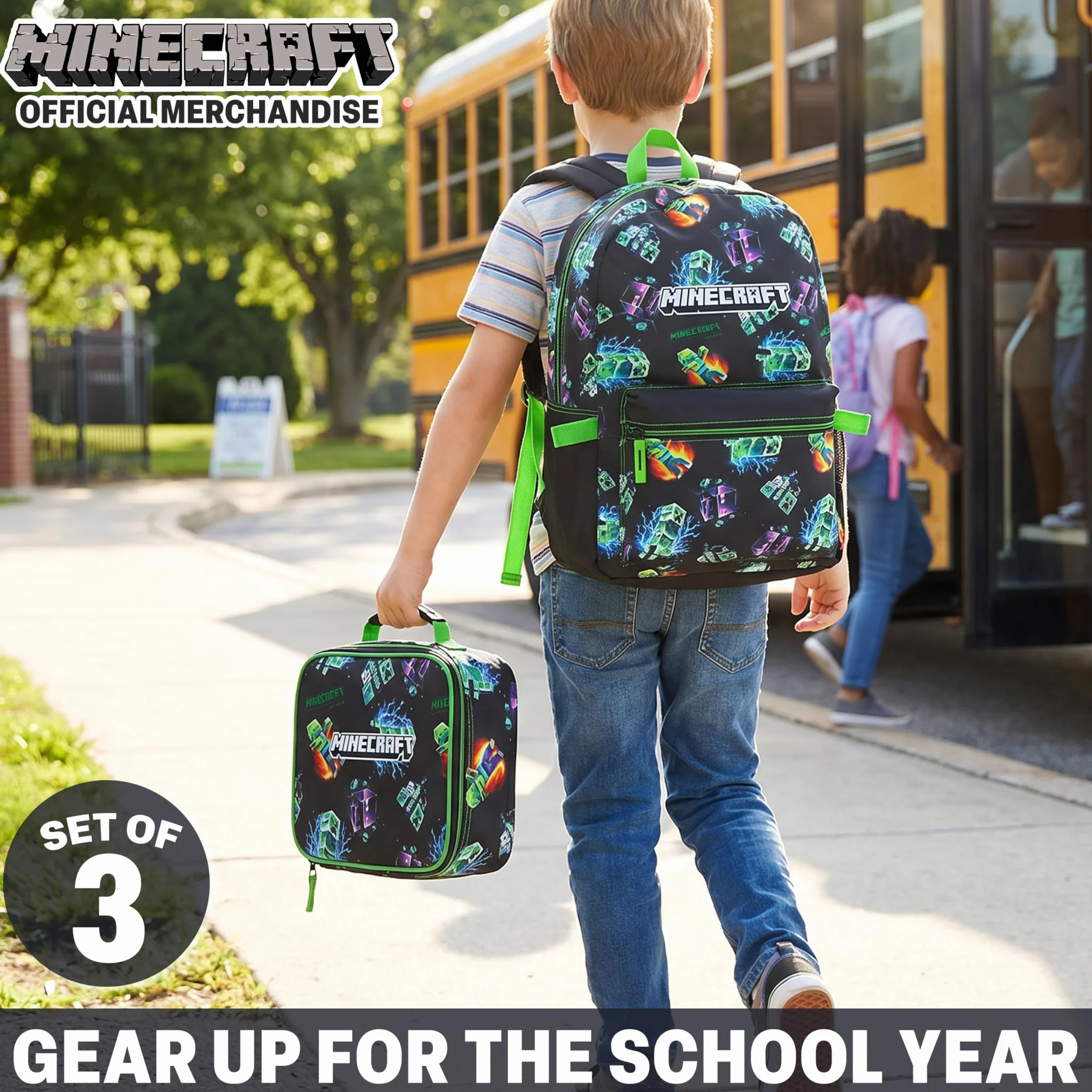 Get Trend Minecraft 3 Pezzi Capiente Zaino Ragazzo Set con Borsa Termica Porta Pranzo e Astuccio 2 Scomparti per la Scuola e il Tempo Libero (Multi Creeper)