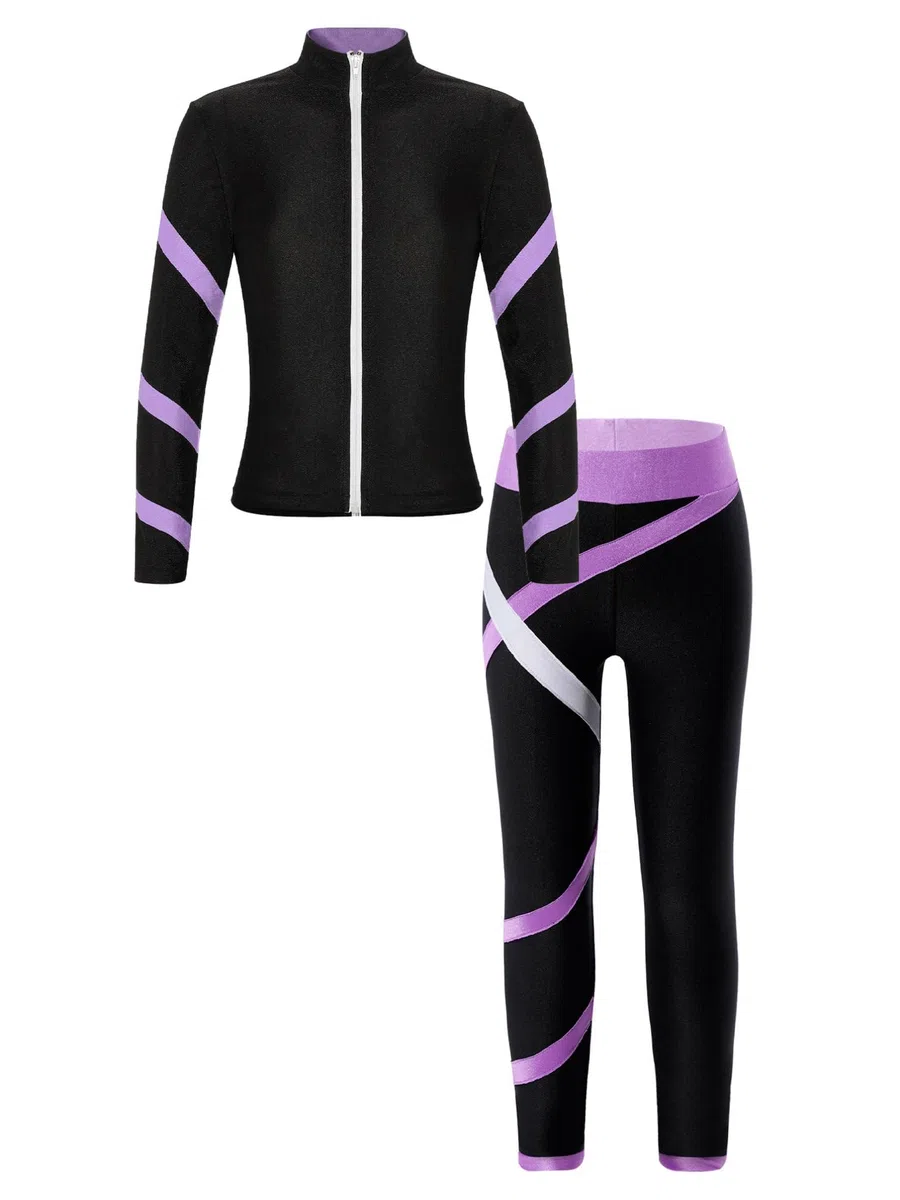 Tuta sportiva per bambini e ragazze, 2 pezzi, con cerniera, felpa con leggings e tuta sportiva senza cuciture
