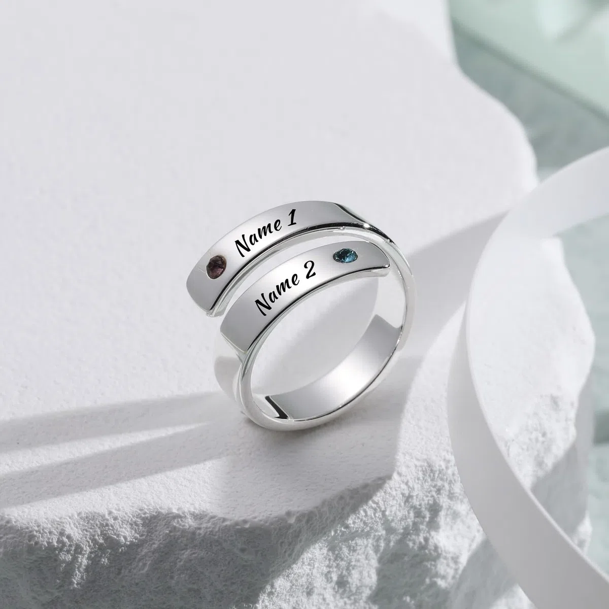 INBLUE Anello Personalizzato in Argento 925 a Spirale per Donna Incisione Nome/Data con Pietre di Nascita Fascia Aperta Regolabile Anello Promessa Regalo per Matrimonio Fidanzamento