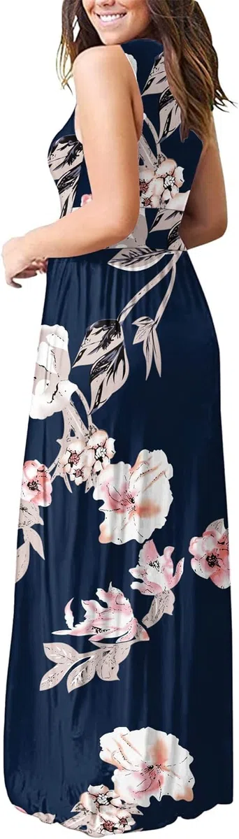 AUSELILY Vestito Donna Elegante Lungo Abito Sera a V Senza Maniche Taglie Forti Casual Estivo Abito con Tasche