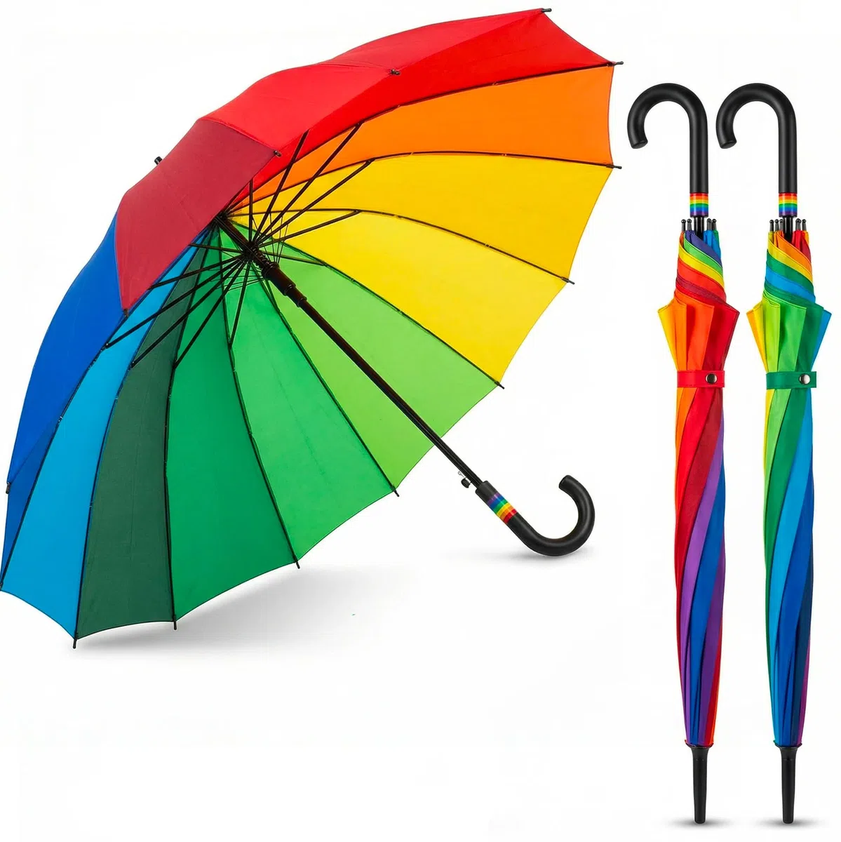 081 Store - 2 PEZZI Ombrello Pioggia Grande 122 cm Antivento – Ombrello Arcobaleno Lungo Automatico con 16 Stecche Resistenti, Impermeabile, Manico Curvo Antiscivolo