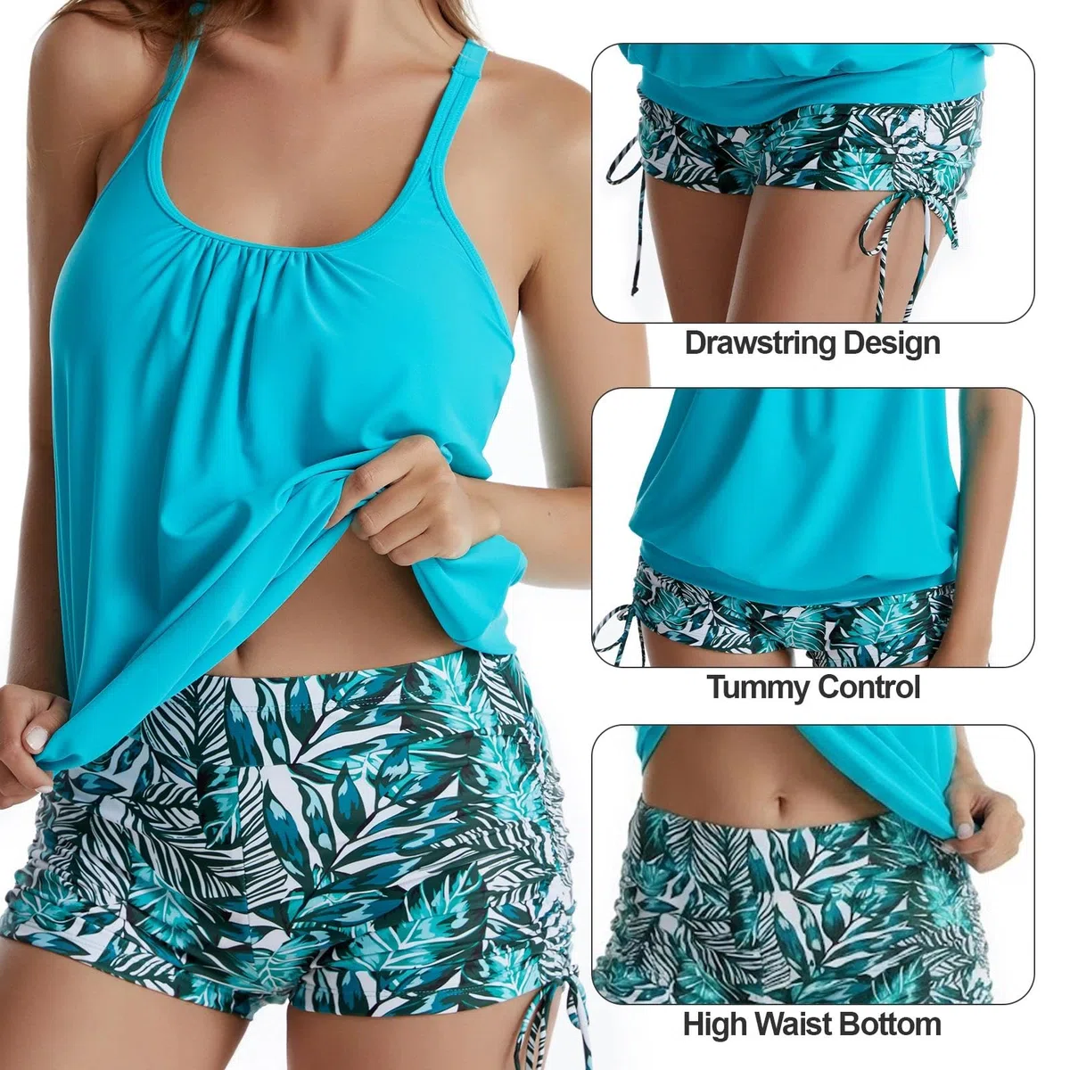 Costumi da Bagno Donna Tankini Push up Imbottito Costume Due Pezzi Vita Alta Piscina Mare Stampa Sportivo Beachwear Swimwear Set con Pantaloncini Fascia
