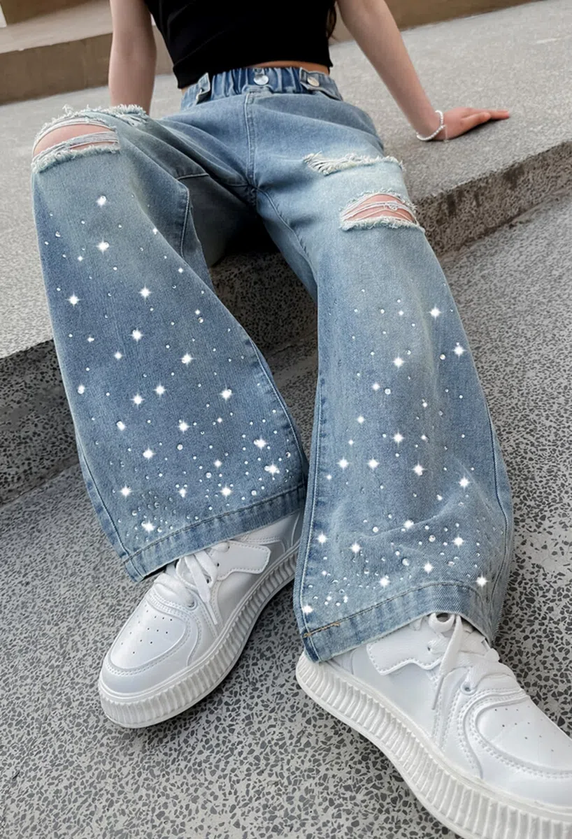 Rolanko Jeans Ragazze, Loose Denim Pantaloni Vita Elastico Moda Rotti Blu per Bambini