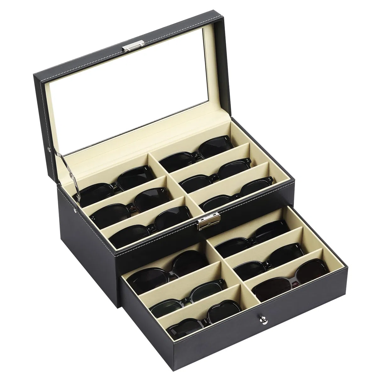 AUTOARK Scatola per Occhiali da Sole in Pelle,12 Pezzi,con Cassetto,con Serratura,Vetro Trasparente,Nero,AW-023