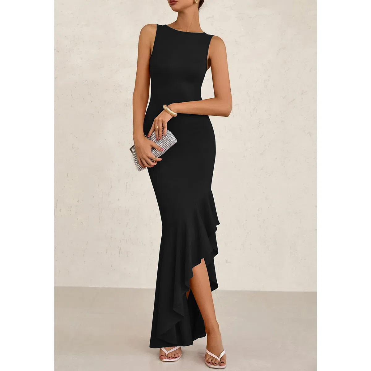 Vestiti da Cerimonia da Donna Maxi Abito da Sera Orlo a Volant Spacco Vestito Lungo Senza Manica Aderente Elegante Vestito da Cocktail Vita Alta Abito da Ballo Partito Festa Banchetto