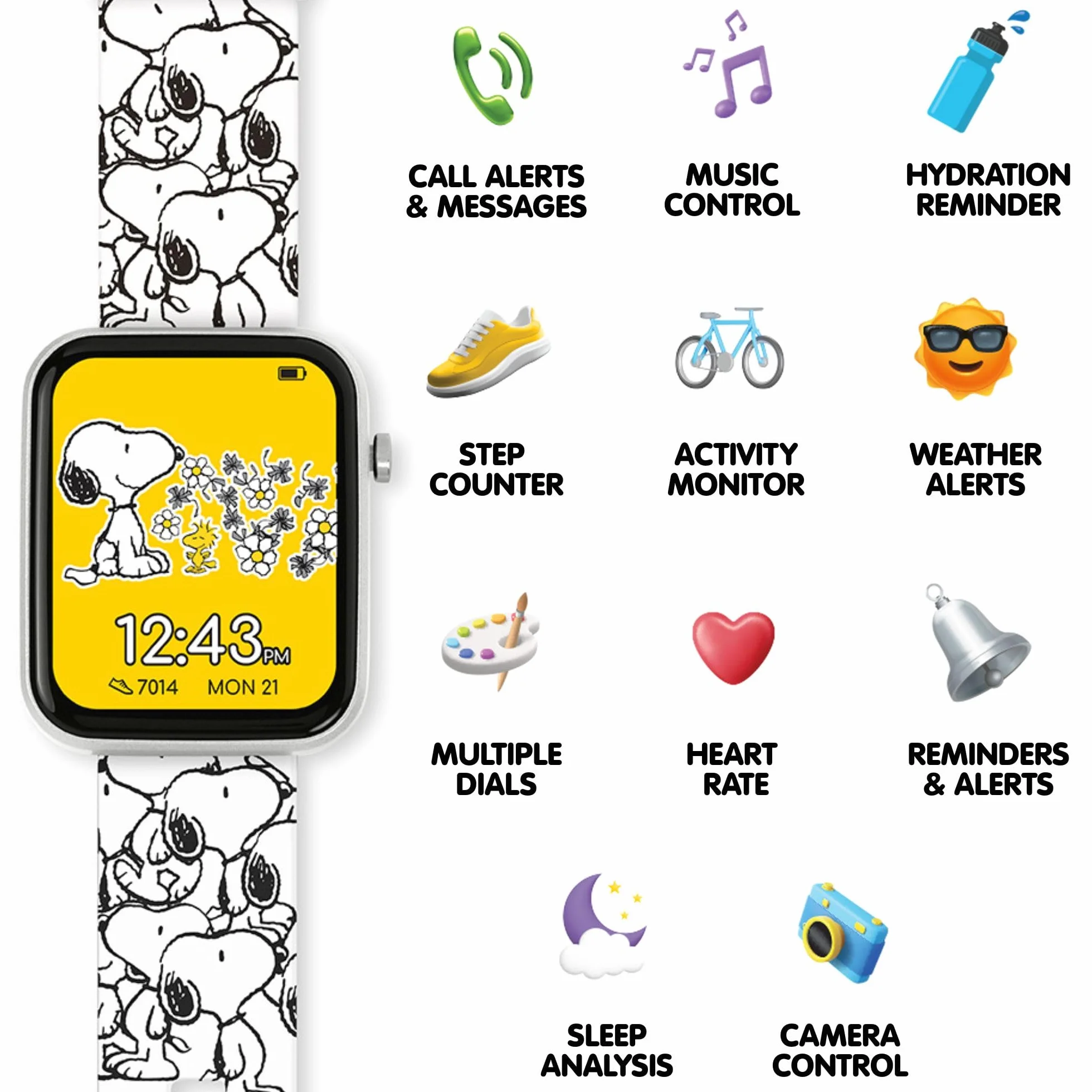 Accutime - Orologio intelligente interattivo Peanuts Snoopy per bambini con cinturino stampato bianco