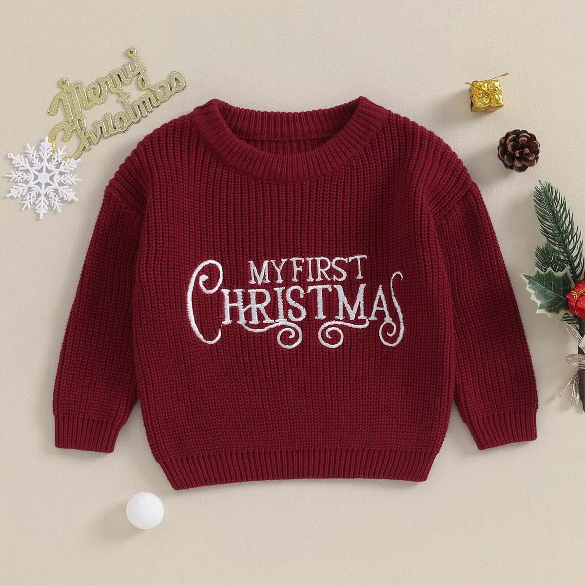LYSINK Maglione natalizio a maglia per neonato con ricamo a lettere classiche a girocollo a maniche lunghe per autunno inverno