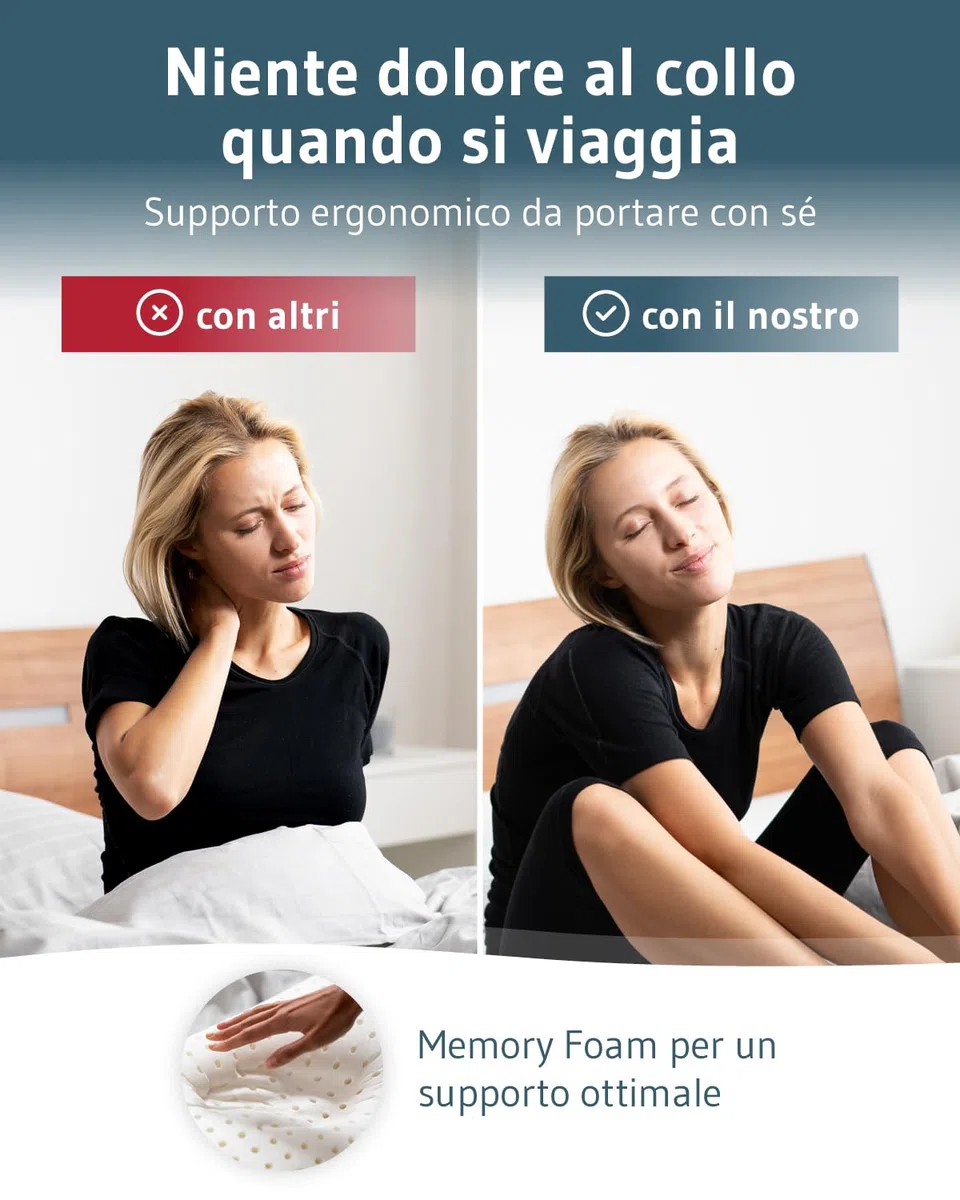 Third of Life VOLAR Cuscino da viaggio in memory foam, Piccolo cuscino cervicale ergonomico e ortopedico, Federa termoregolante, Poggiatesta per viaggiare o per dormire in campeggio, 40x25x10cm