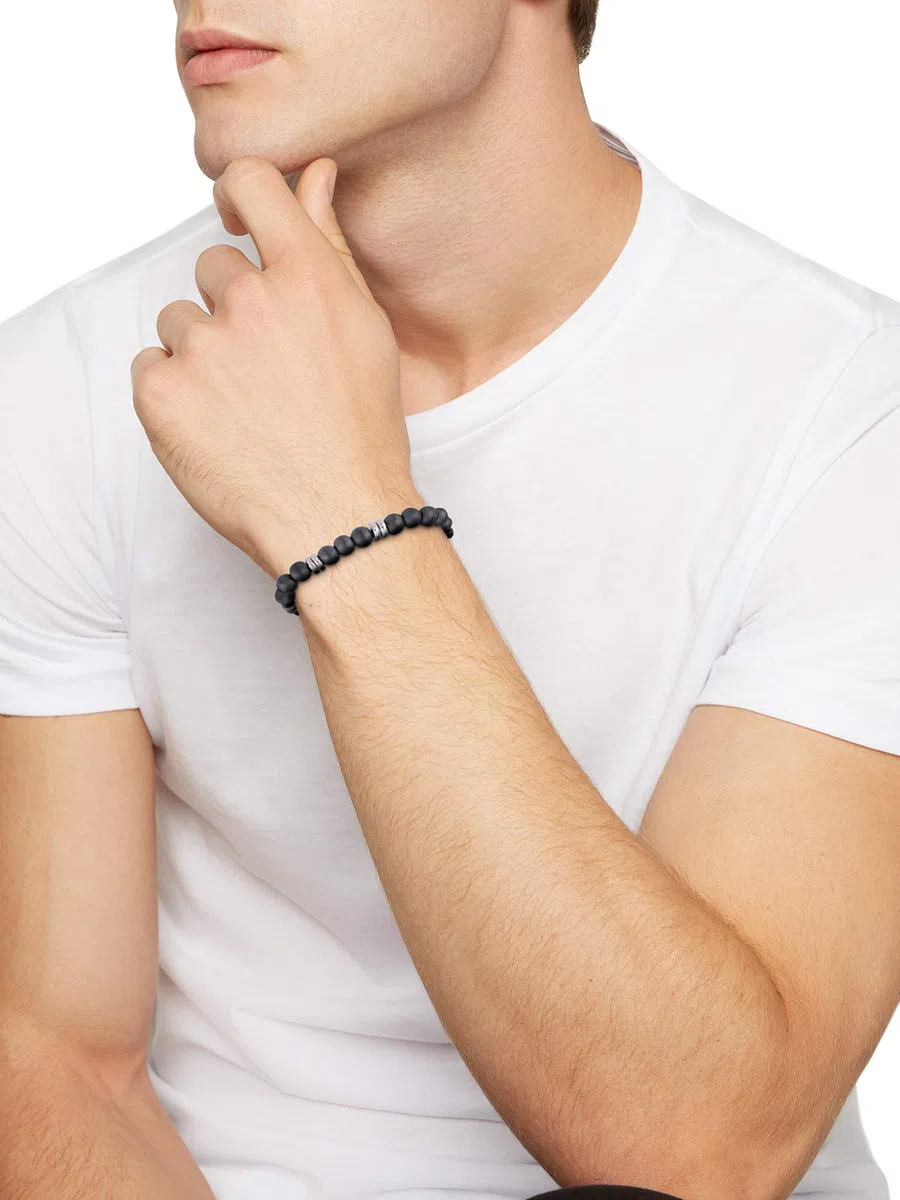 Breil, Collezione Artha, Bracciale Uomo, in Acciaio e pietre, con Proprietà Rilassanti e Pratica Chiusura a Moschettone, Lunghezza Regolabile 17-22 cm