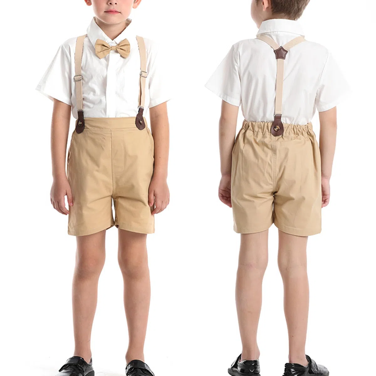 Bimbo Completini e Coordinati Gentiluomo, Camicia a Maniche Corte e Papillon + Pantaloncini con Bretelle Completo Cerimonia per Bambini e Ragazzi