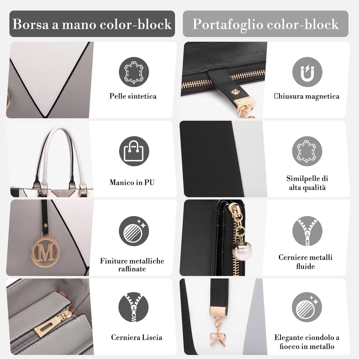 Miss Lulu Borsa Tote Donna Grande, Borse Media Firmate PU Pelle Tracolla a Forma di V, Ampia e Pratica per Viaggio, Università e Lavoro Nero
