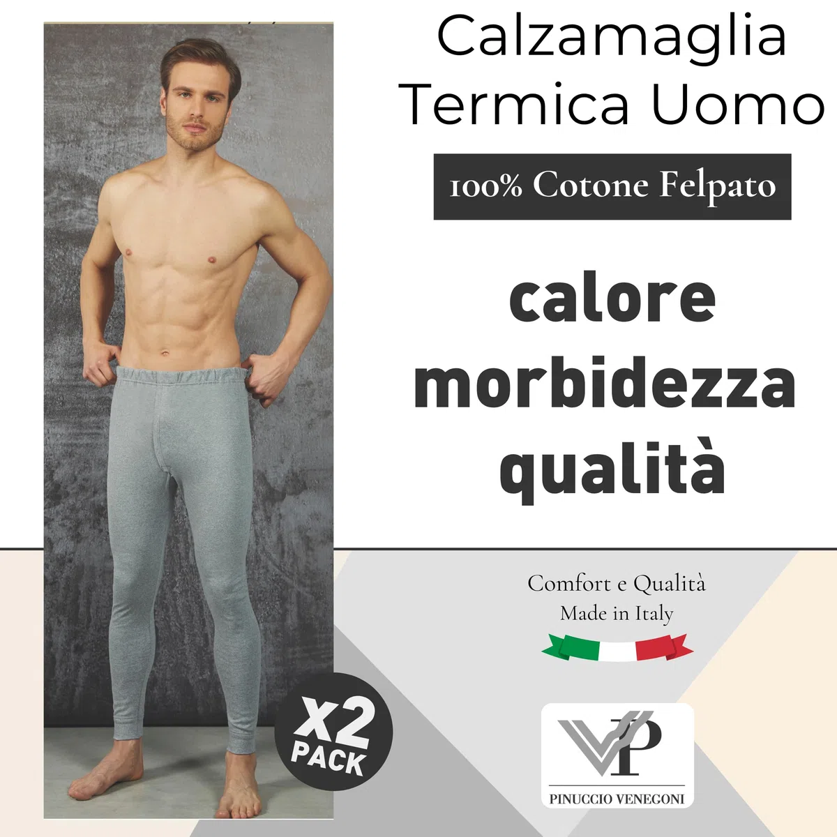 VP PINUCCIO VENEGONI - Mutande Lunghe Uomo Grigie/Nere Pacco da 2 | Calzamaglia Uomo Invernale in Caldo Cotone Felpato Morbida E Traspirante, vestibilità Perfetta - S/XXL