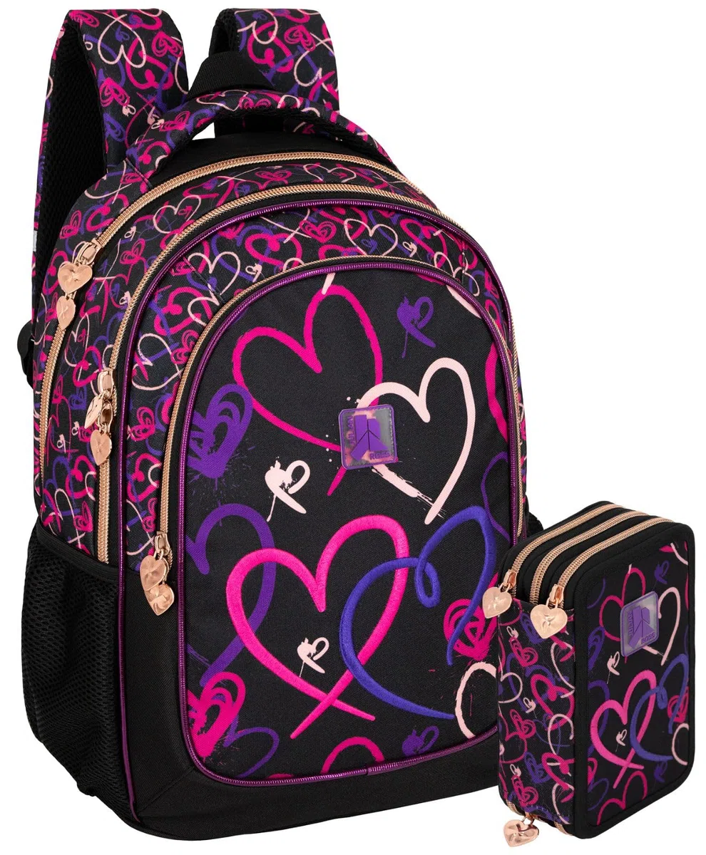 Clondo School Pack Completo Zaino Scuola Ergonomico 33x43x20 cm con Astuccio coordinato 3 Scomparti 46 Pezzi – Julian Ross – Scuola Elementare e Regalo Bambina (Lovely Vibes)