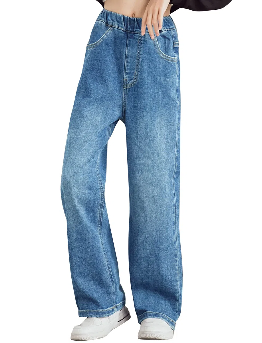 Happy Cherry Jeans Lunghi Bambina Pantaloni Larghi a Vita Elasticizzata Ragazza Pantaloni in Denim Comodi all Moda con Tasche per Bambini 5-15 Anni