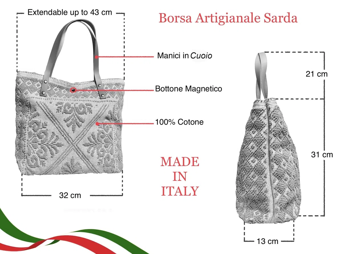 Borsa Mare Artigianale in Cotone, Bottone magnetico, Manici in Cuoio, Leggera e Pieghevole, Ampia Capacità - Donna - Shopping, Viaggio, Campeggio - Sarda MADE IN ITALY