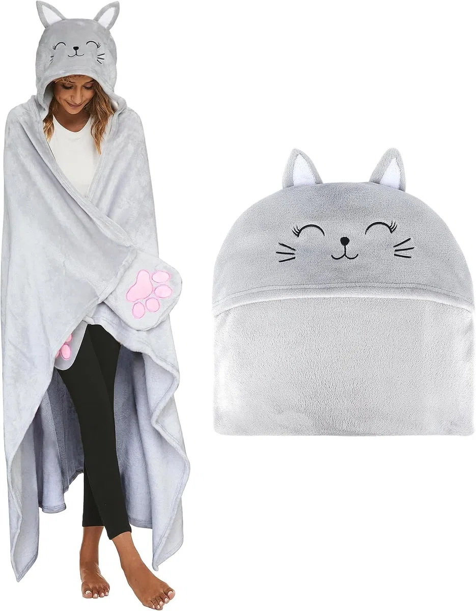 Coperta con Maniche e Cappuccio Regali per Amanti dei Gatti Flanella Plaid con Maniche 130×150 cm Regalo Donna Compleanno Natale Divertente Coperta Gatto Indossabile