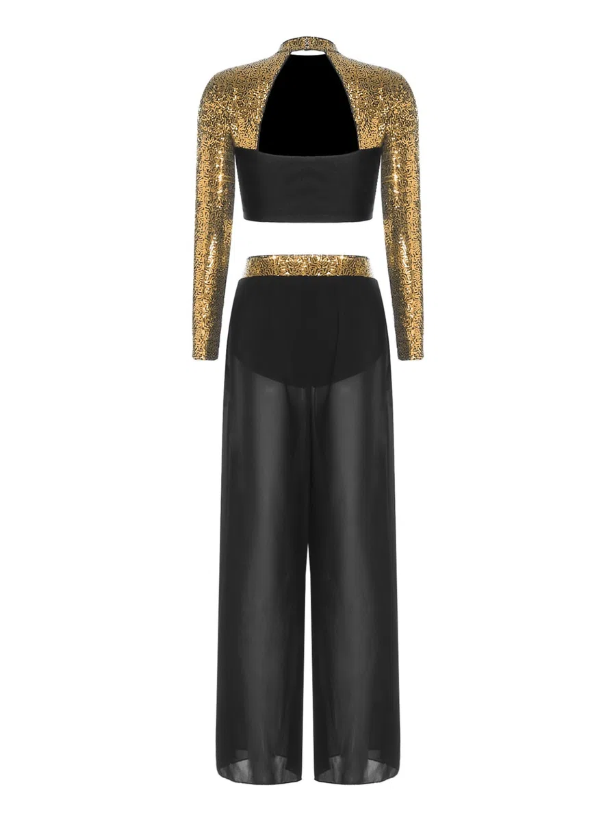 inhzoy Vestito da Ballo Lirico Contemporaneo Donna Completo da Ginnastica Ritmica con Strass Paillettes Crop Top Danza Classica Moderna + Pantaloni Lunghi Dancewear