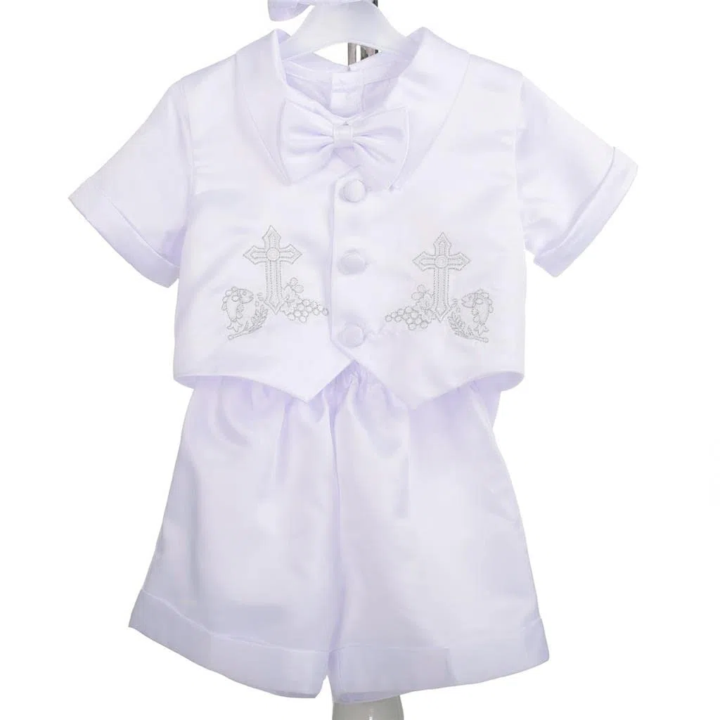 Lito Angels - Abito da Battesimo per Bimbo, Completo Bianco 4 Pezzi Set (Gilet, Camicia, Pantaloni, Papillon e Cappello), Manica Corta