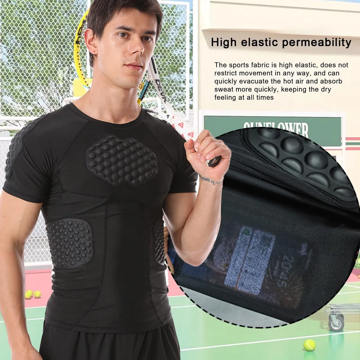 Hotfiary Uomo Imbottito Camicia di Compressione per Il Calcio Paintball Baseball Basket, 6-Pads Manica Corta Calcio Costola Petto Protettore, Calcio Protettivo Gear Cuore Guardia Protezione Sterno